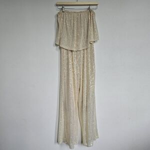 Sage Ivory Iridescent Sequin Strapless Wide Leg Jumpsuit Small